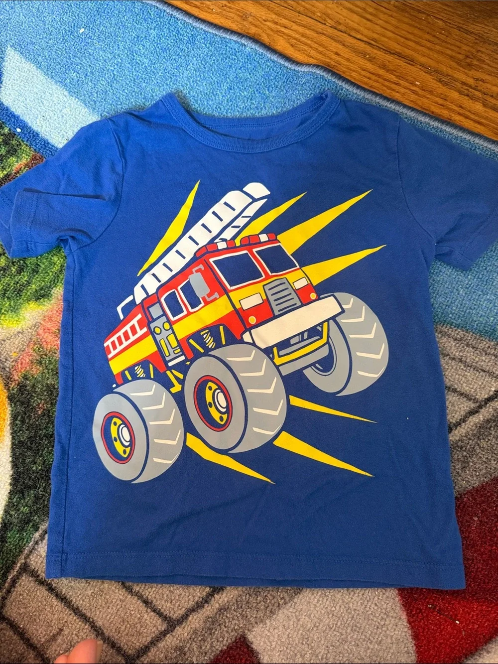 The Children's Place Blue Tee with Red & Yellow Monster Fire Truck